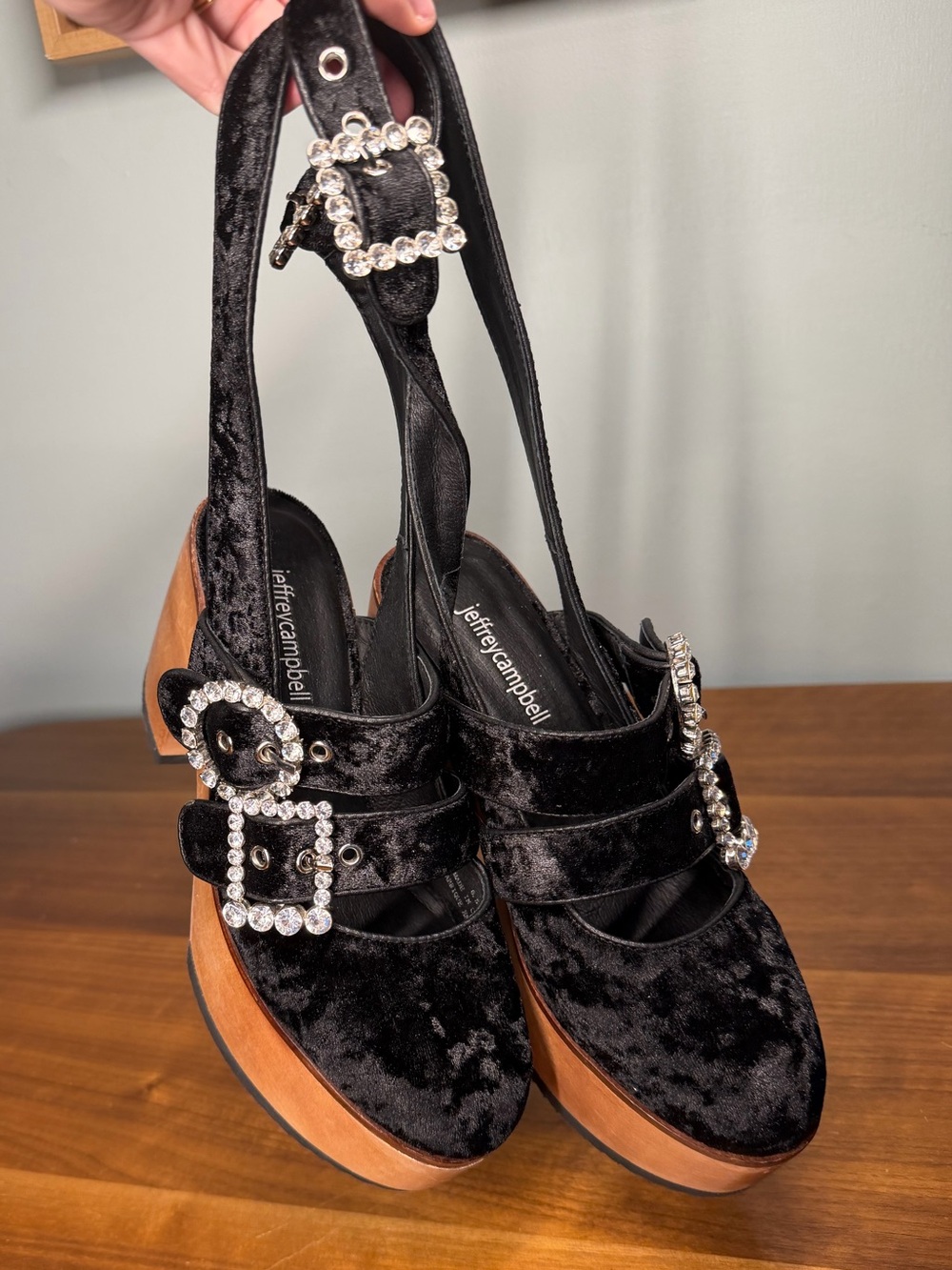 Jeffrey Campbell Black Velvet Rhinestone Buckle Platform Heels Clogs